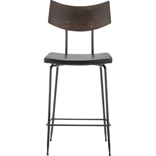 Soli Counter Stool w/ Seared Oak Back & Black Leather Seat on Metal Base